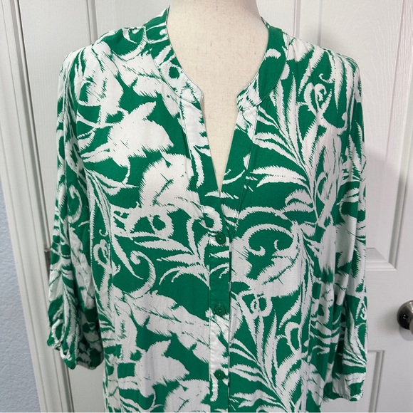 Mlle Gabrielle Size 2X Green White Patterned Ruffle Hem Shift Dress midi Resort - Picture 3 of 13